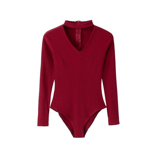 Ribbed V-Neck Long Sleeved Romper