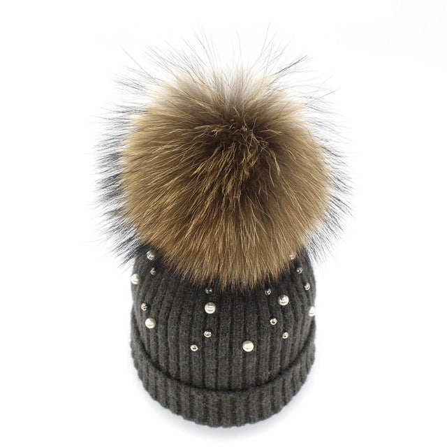 Pearl Knitted Pom Pom Beanie