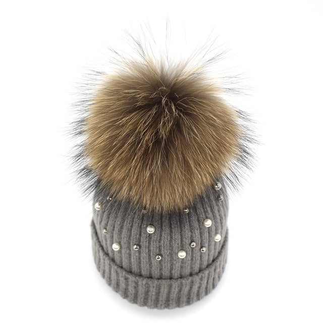 Pearl Knitted Pom Pom Beanie