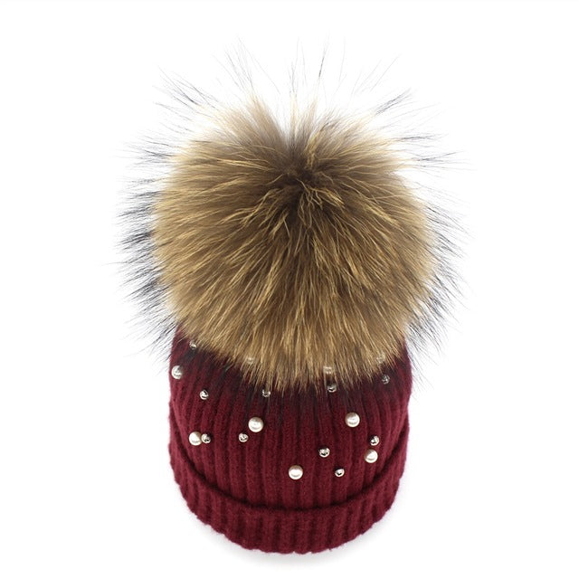 Pearl Knitted Pom Pom Beanie