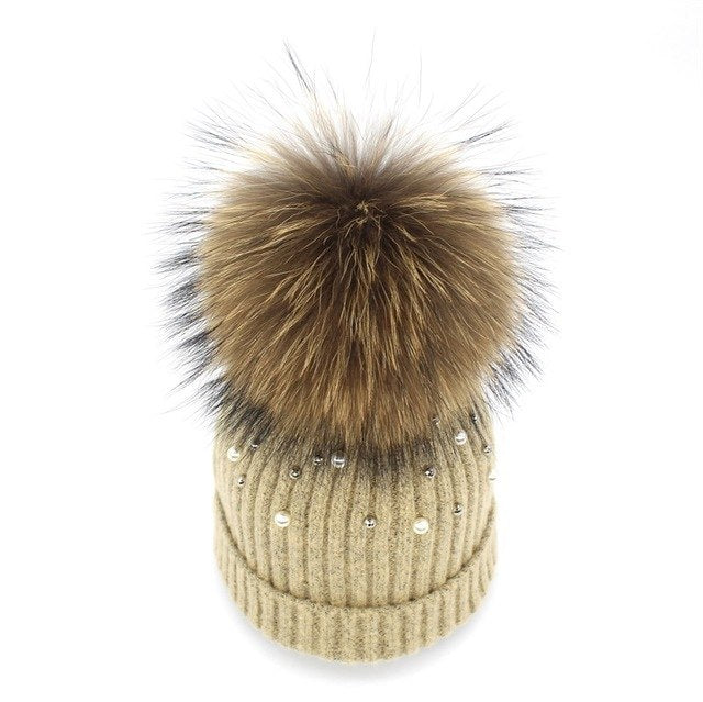 Pearl Knitted Pom Pom Beanie