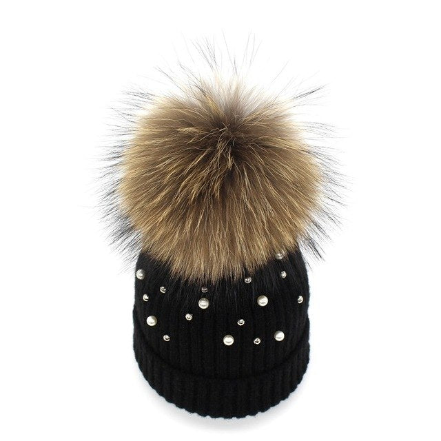 Pearl Knitted Pom Pom Beanie
