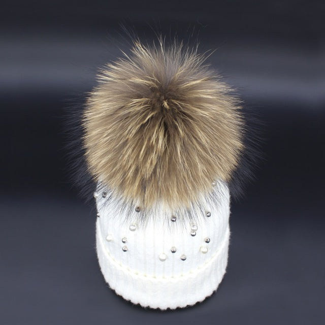 Pearl Knitted Pom Pom Beanie