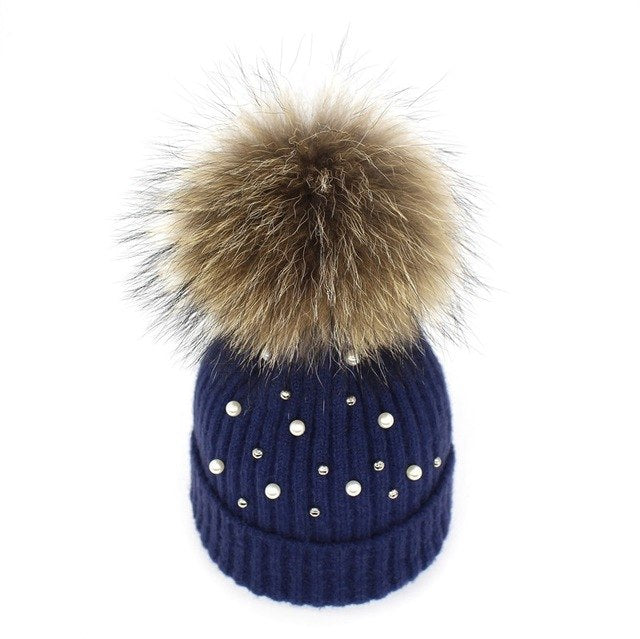 Pearl Knitted Pom Pom Beanie