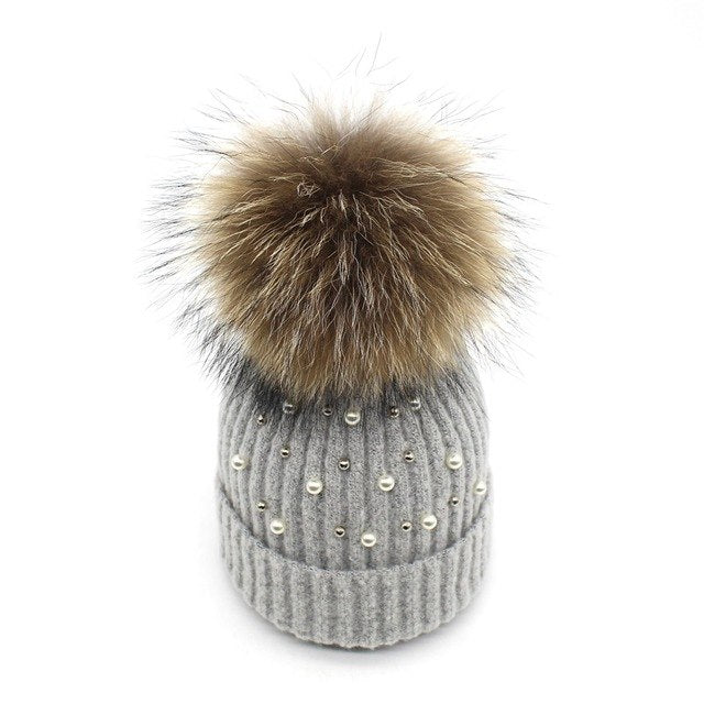 Pearl Knitted Pom Pom Beanie