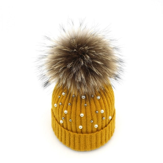 Pearl Knitted Pom Pom Beanie