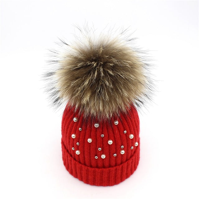 Pearl Knitted Pom Pom Beanie