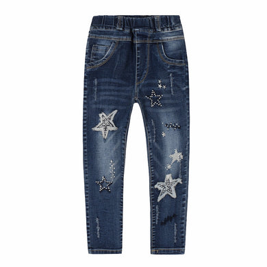 Star Print Elastic Waist Denim Jeans