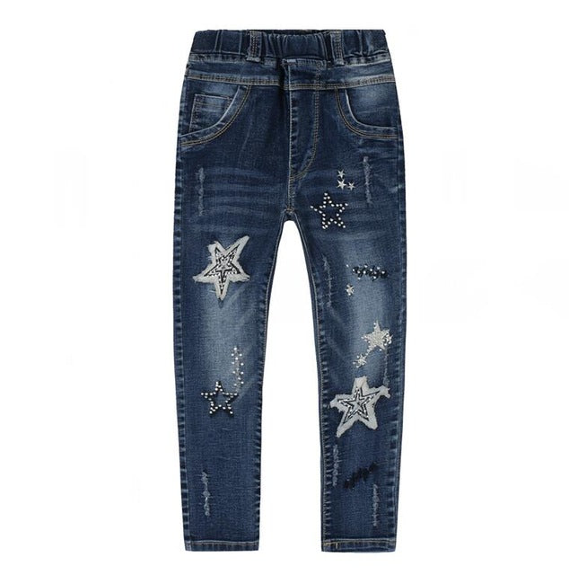 Star Print Elastic Waist Denim Jeans