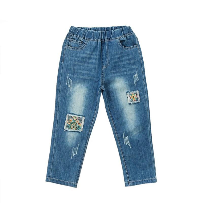 Floral Elastic Waist Denim Jeans