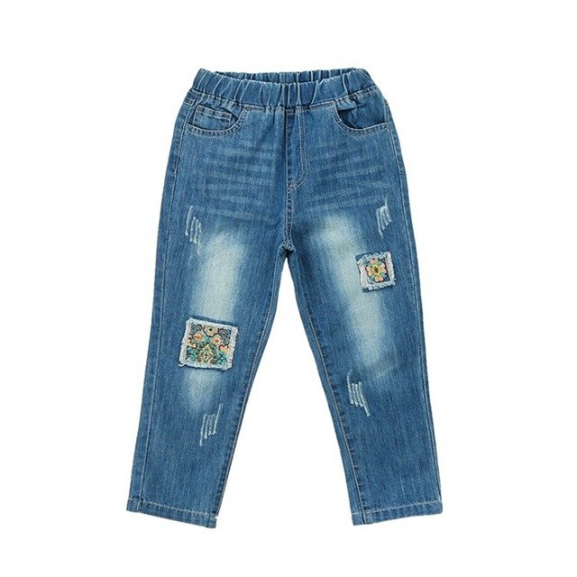 Floral Elastic Waist Denim Jeans