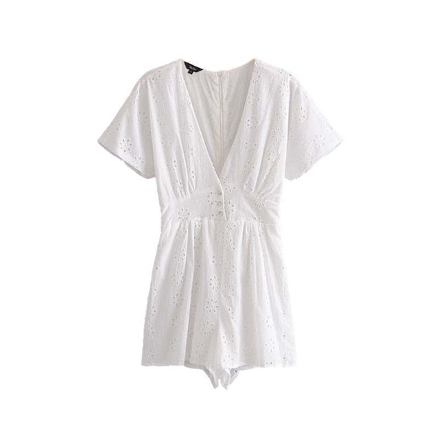 Floral Hollow Out V-Neck Playsuit